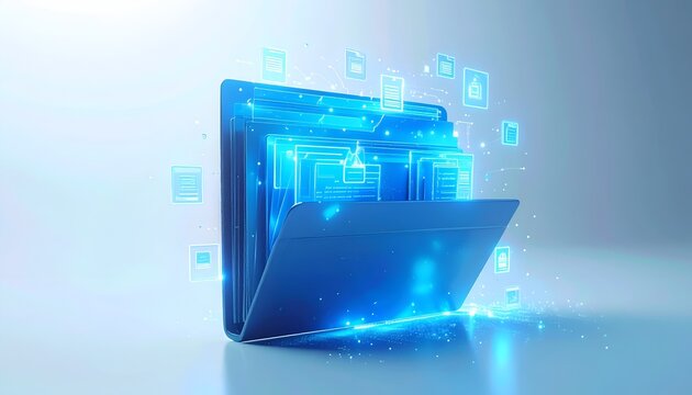 Digital folder with floating document icons, representing electronic document management, cloud files, digital archive and secure information storage.