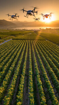 Fleet of agricultural automation drones flying over vineyard crop rows during golden sunrise.
