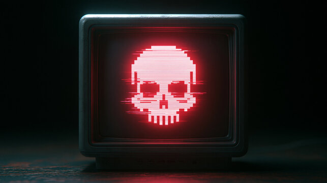 Glowing, pixelated red skull icon with distorted visual effects appears on an old TV screen in a dark room.
