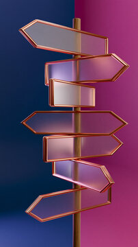 Modern 3D glass arrow directional signpost pointing in multiple directions on blue and purple split background.