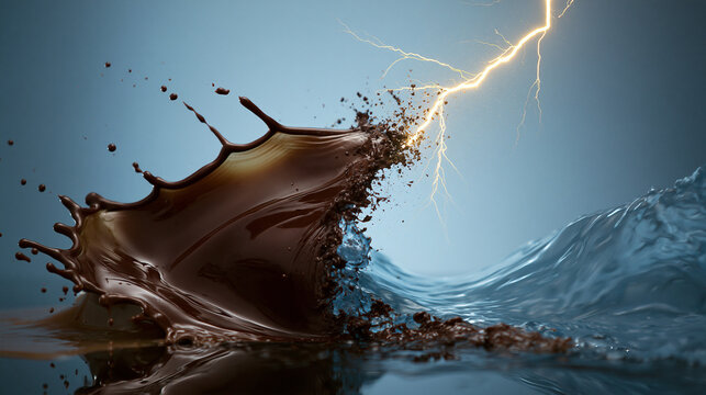 Splash of dark liquid chocolate colliding with water wave and struck by glowing lightning bolt.