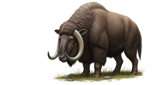 Illustration of a prehistoric muskox with thick fur and curved horns