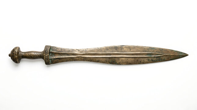 Ancient Bronze Leaf-Shaped Short Sword Weapon Isolated on a Plain White Background