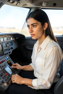 Young female pilot in a private jet cockpit operating controls, aviation career and modern technology