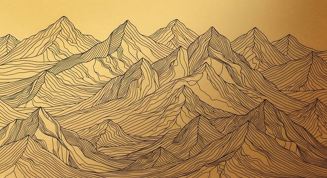 Abstract line art of a vast mountain range on golden background