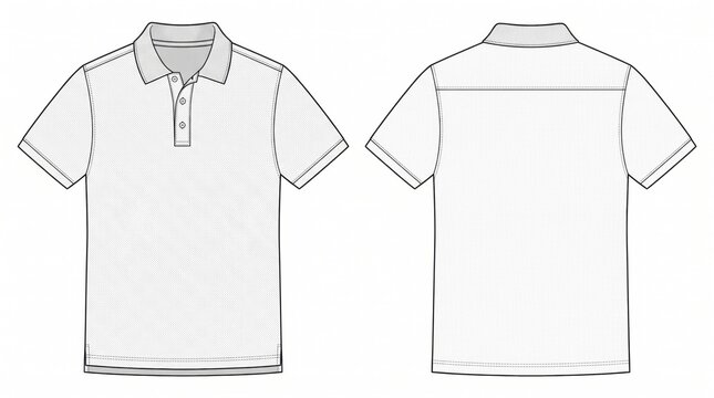 White polo shirt technical sketch, front and back view of male short sleeve polo, blank apparel template for fashion design and branding
