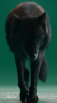 Intense portrait of a majestic black wolf walking forward with focused gaze set against a moody teal green background powerful wildlife imagery for design projects