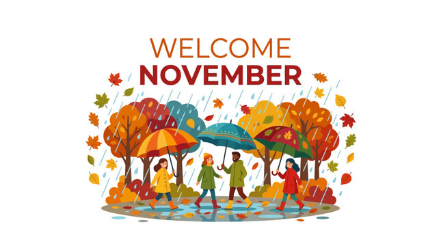 People with umbrellas walk in autumn rain, welcome November