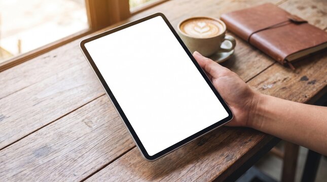 Hand holding tablet with white blank screen on wooden table. Laptop mockup near coffee cup and brown leather notebook. Digital workspace setup. Modern work desk lifestyle composition with copy