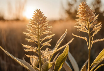 Obraz premium Golden hour sunlight illuminating two tall plants with feathery leaves in a natural outdoor setting