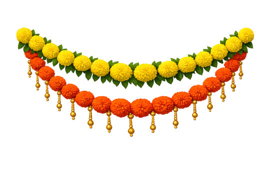 Traditional marigold flower garland for diwali celebration elements isolated on transparent background