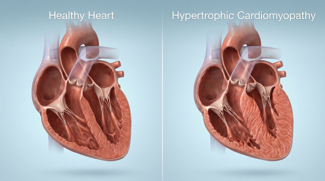 Healthy Heart vs Hypertrophic Cardiomyopathy Cross Section Medical Visual
