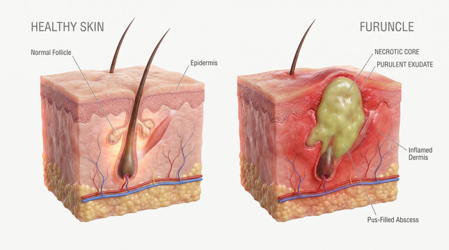Healthy Skin vs Furuncle Boil Abscess Cross Section Diagram