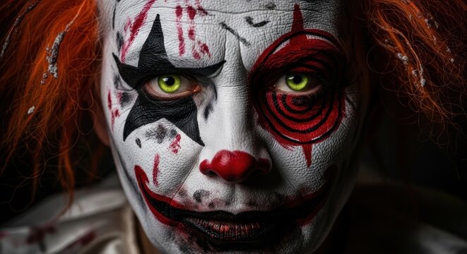 Close-up of a terrifying clown with glowing yellow eyes and a menacing stare, perfect for horror themes.
