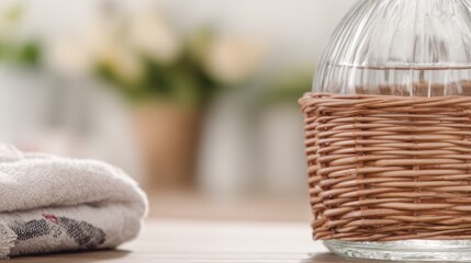 Fototapeta premium Glass carboy in wicker basket, traditional home beverage vessel. 