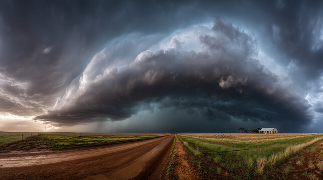 Enormous supercell thunderstorm over rural field. Dramatic shelf cloud during severe weather.