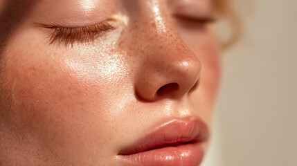 Naklejka premium Extreme close up beauty portrait of young woman. Glowing skin with freckles and makeup.