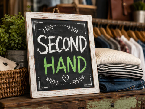 Second Hand Wooden Sign Display in Vintage Thrift Store with Sustainable Fashion Concept