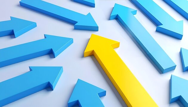 Golden arrow moving against surrounding blue arrows, symbolizing unique strategy, leadership, decision making, competitive advantage and business direction.