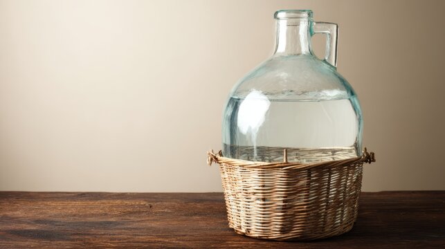 Glass carboy in wicker basket, traditional home beverage vessel.
