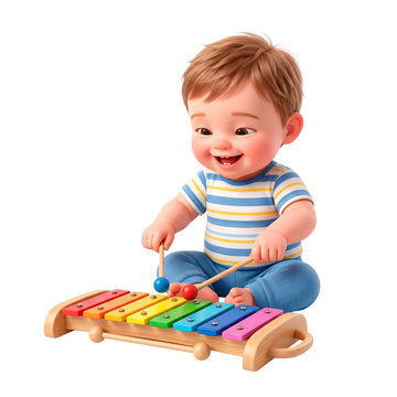 Joyful baby boy playing a colorful xylophone, celebrating Children's Day with music and laughter PNG Isolated on transparent background