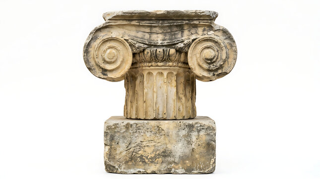 Ancient Ionic Order Stone Column Capital Sculpture Isolated on White Background