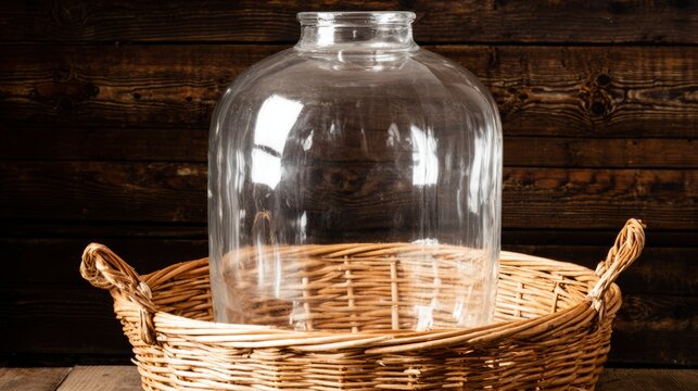 Glass carboy in wicker basket, traditional home beverage vessel.
