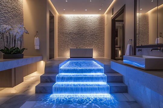 Stylish modern shower room with ambient golden glow image