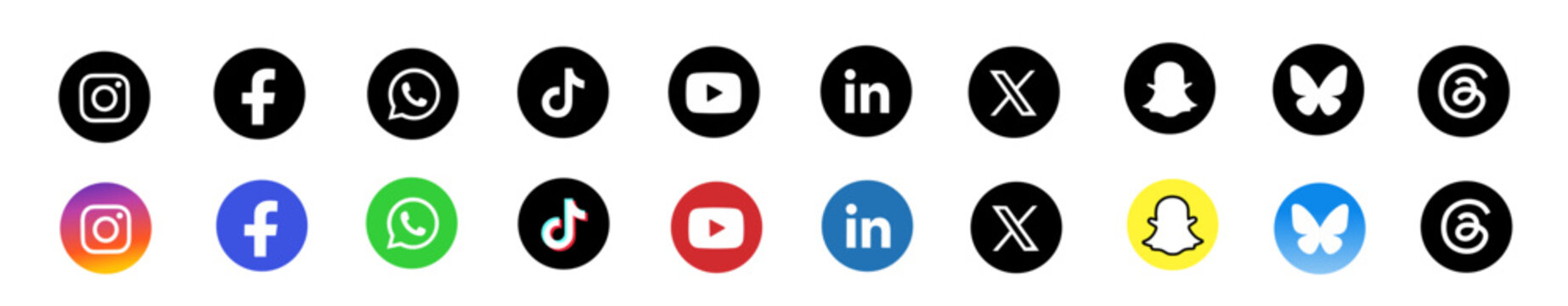 Vector illustration of popular social media app icons including Instagram, Facebook, WhatsApp, TikTok, YouTube, LinkedIn, X, Snapchat, Bluesky, and Threads