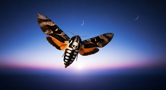 Deaths head hawkmoth flying in the twilight sky