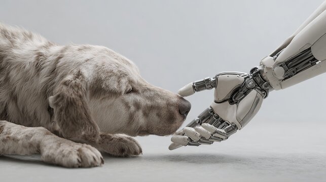 Robotic hand gently touching nose of white dog closeup