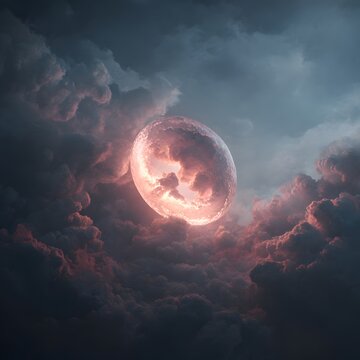 Surreal glowing orb with embryo form in dreamy sky picture