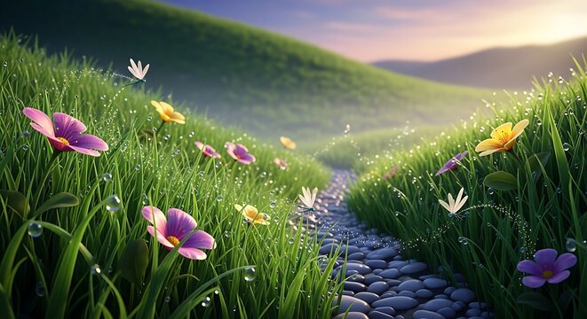 Pebble path through a flowery meadow at sunset
