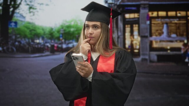 Young woman in graduation gown and mortarboard holding smartphone, finger to chin on city street with storefronts; thoughtful future ambition.