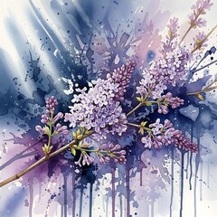 Obraz premium Watercolor painting of purple lilac branch with splashes