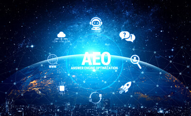 Obraz premium Futuristic Concept of Answer Engine Optimization with Global Connectivity and Digital Elements in a Cosmic Background Fluxor.