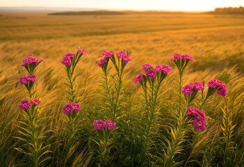 Obraz premium Pink wildflowers blooming in a golden field at sunset, natural beauty and summer landscape