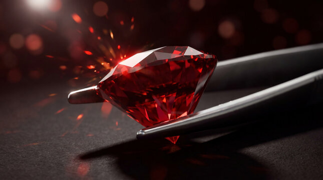 Luxurious red diamond gemstone held by silver tweezers, dramatic lighting and bokeh, concept for luxury jewelry, high value investment and exclusive gifts
