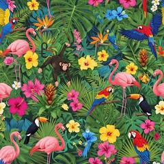 Seamless tropical pattern with flamingos parrots and jungle leaves © siti