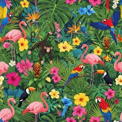 Seamless tropical pattern with flamingos parrots and jungle leaves © siti