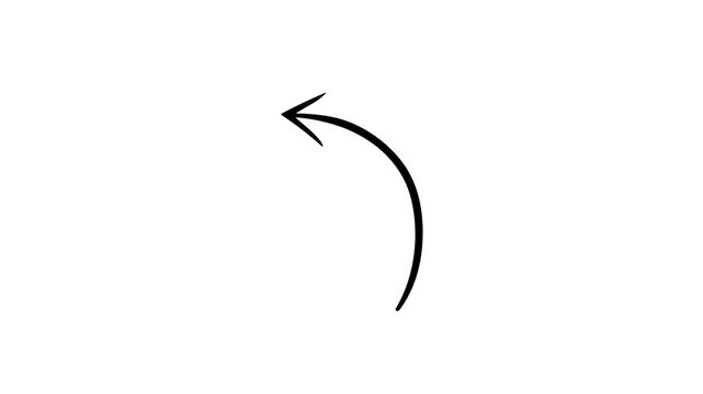 hand drawn animation of curved arrow, arrow towards left, white background, 4k video