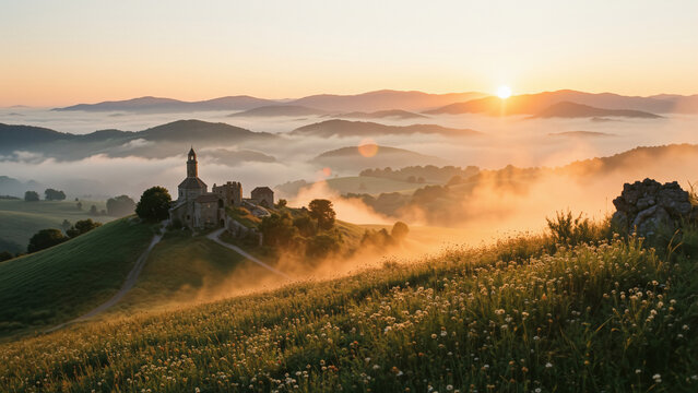 Sunrise over a Hilltop Church with Misty Mountain Landscape