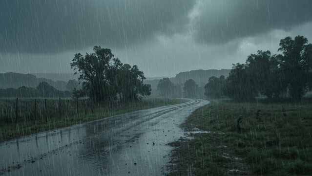 Rainy Country Road with Storm Clouds and Wet Asphalt