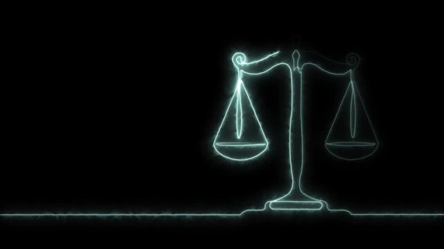 Glowing neon justice scales icon animation on black background. Court law balance symbol design
