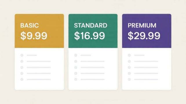 SaaS Pricing Plan Cards for Basic Standard and Premium Subscription Tiers