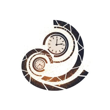 Abstract spiral clock faces with geometric patterns.