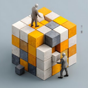 Team building concept with wooden cubes on conference table photo
