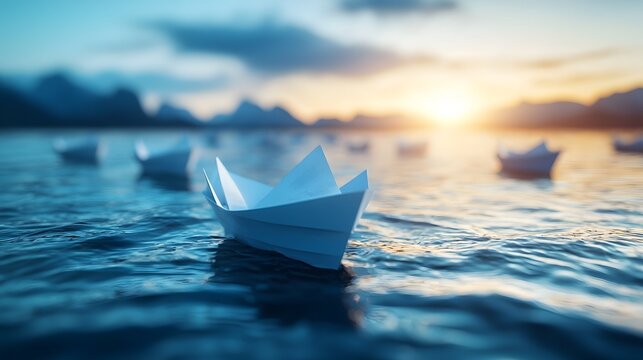 Team direction concept with leader paper boat in front picture