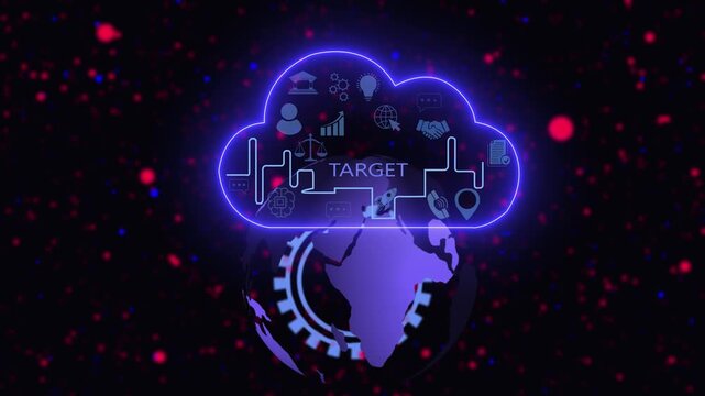 Digital cloud computing concept featuring a rotating globe with glowing neon and data network connectivity symbols for global business strategy and advanced technological infrastructure solutions