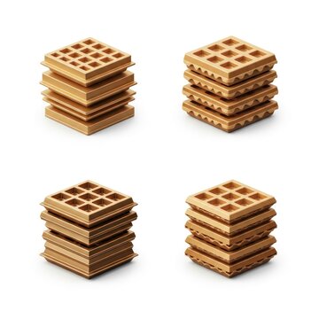 Stacked Belgian waffles on white.